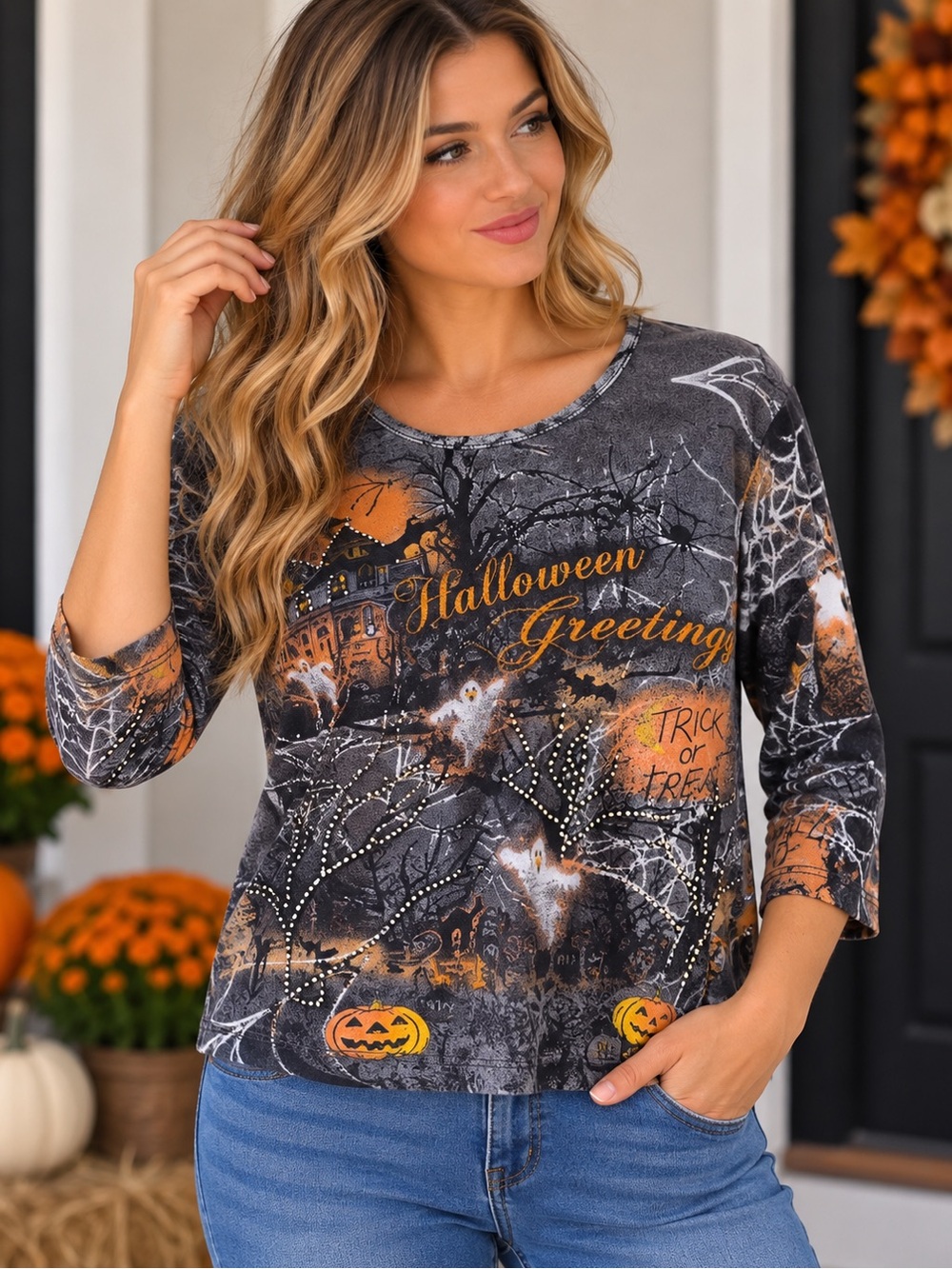 Jane Ashley Halloween Greetings Graphic Tee Novelty PM Pumpkin